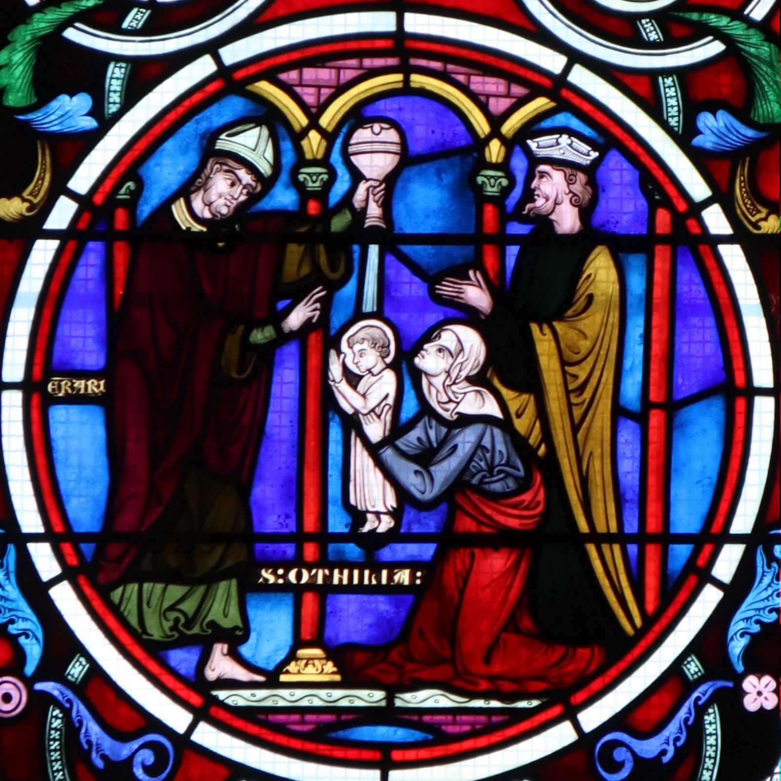 Glasfenster: Odilia wird Bischof Erhard von Regensburg vorgestellt,in der Kirche Saint-Ferjeux in Besançon