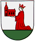 Wappen des Ortes Schuttern: der knieende Klostergründer Offo - oder Kaiser Heinrich II. -, der auf den Händen das Modell der Kirche trägt