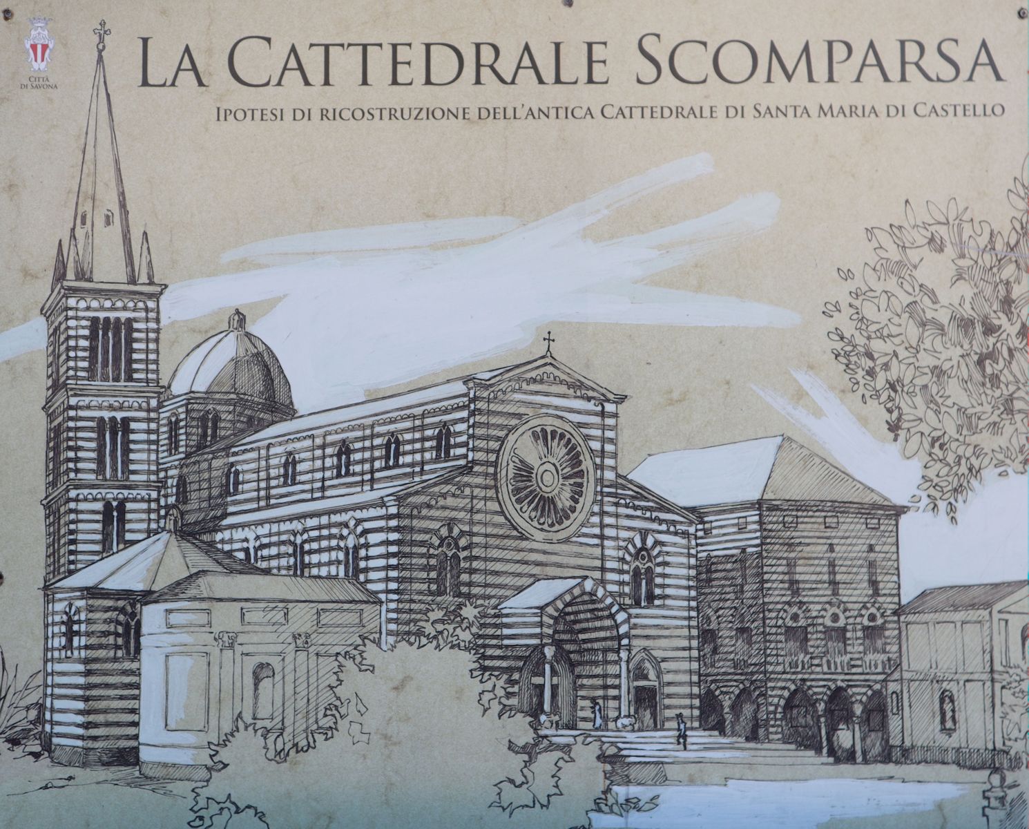 Reproduktionszeichnung der früheren Kathedrale von Savona neben den heutigen Ausgrabungen