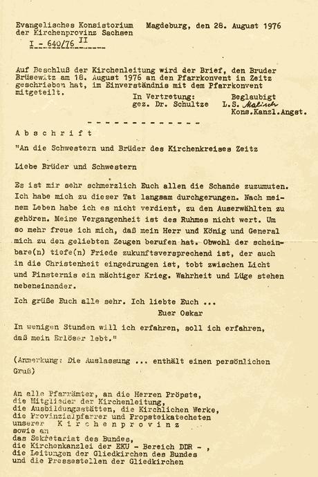 Mitteilung des Inhalts des Abschiedsbriefes von Oskar Brüsewitz an den Pfarrkonvent in Zeitz durch die Kirchenleitung Magdeburg