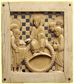 Otto (links unten) übergibt dem thronenden Christus im Beisein von Petrus (rechts unten) und anderen Heiligen den Magdeburger Dom, Mailand (?) 962 - 968, im Metropolitan Museum of Art in New York