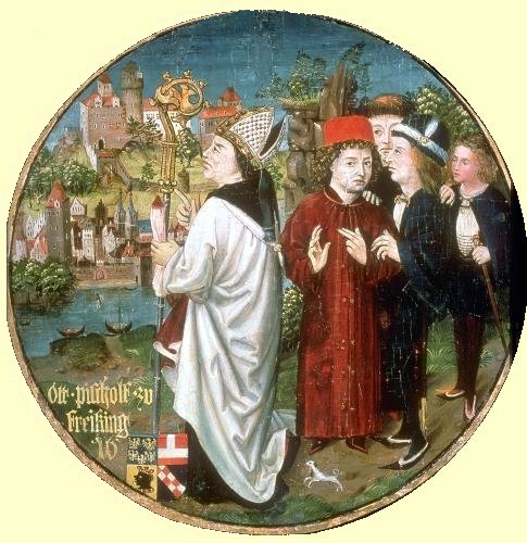 Hans Part: Bischof Otto, im Hintergrund Freising mit dem Dom, aus dem Babenberger Stammbaum, 1489 -1492, in der Galerie im Stift Klosterneuburg