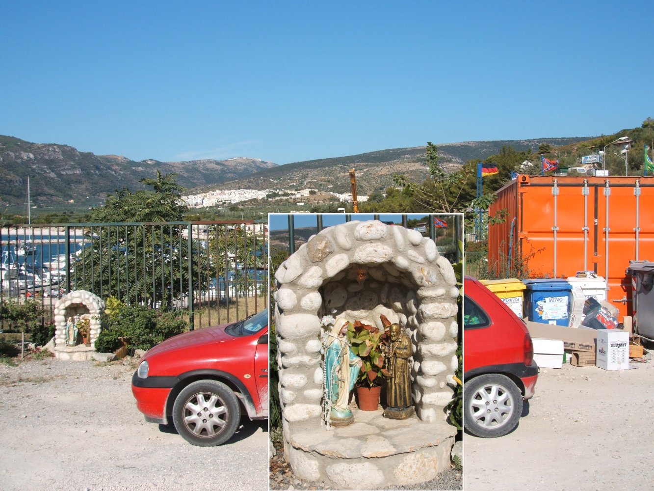 Volksfrömmigkeit: Padre-Pio- und Marien-Statue in selbstgefertigter Gedenkstätte, hier am Hafengelände von Mattinata
