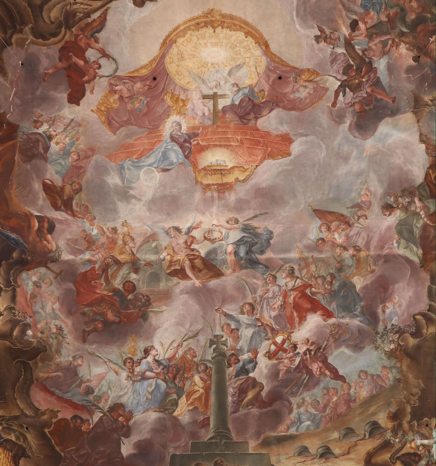 Christoph Thomas Scheffler: Deckenfresko „Der Triumph der Märtyrer” mit Tyrsus (Mitte links, unterhalb des Papstes), 1743, in der Kirche St. Paulin in Trier