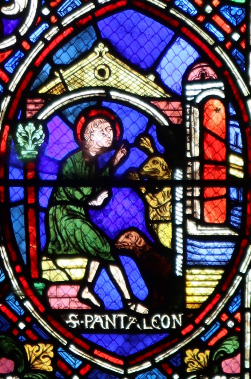 Glasfenster: Pantaleon bezwingt den Dämon,, um 1225, in der Kathedrale in Noyon