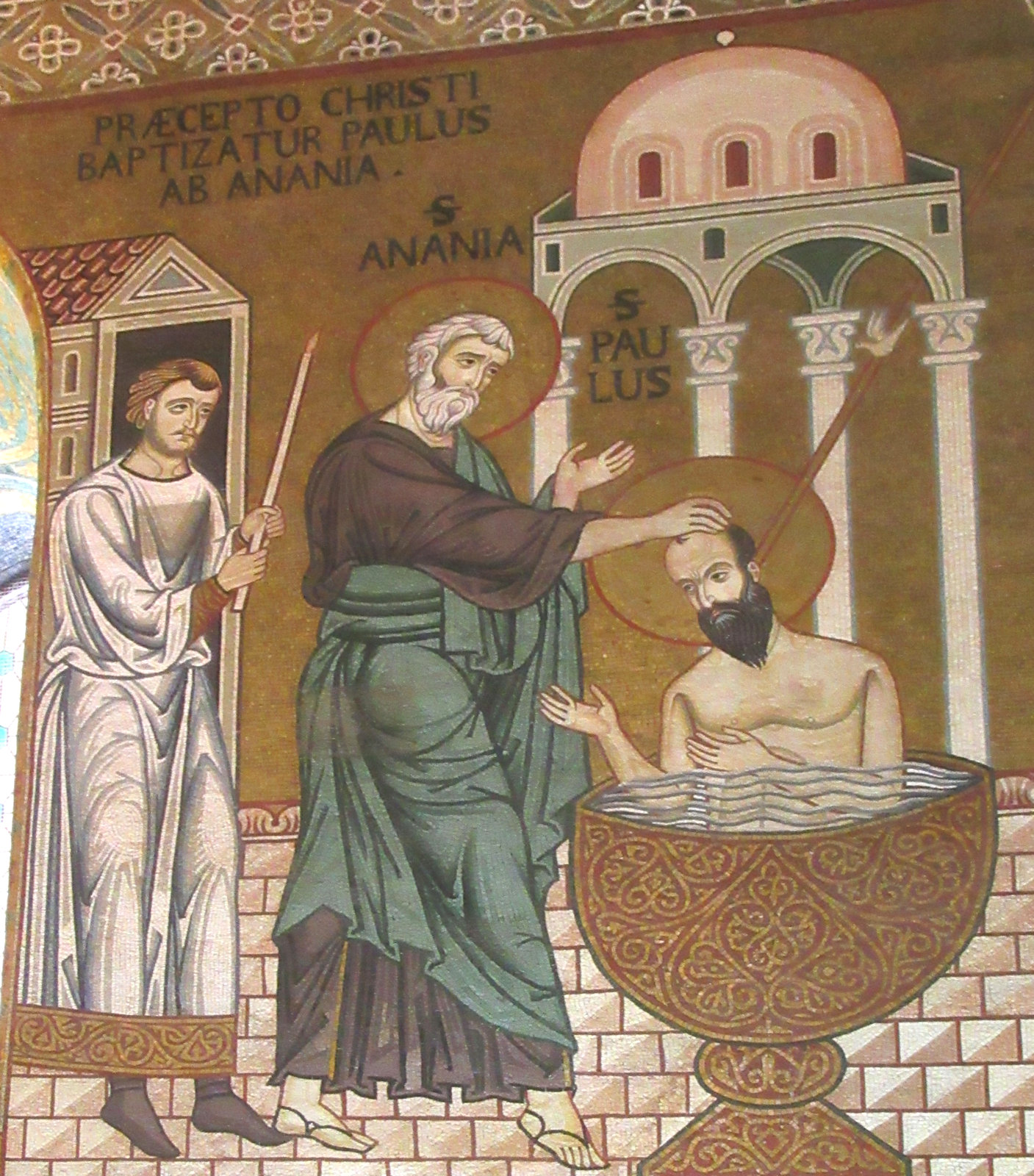 Mosaik: Ananias tauft Saulus, um 1160, in der Cappella Palatina im Normannenpalast in Palermo