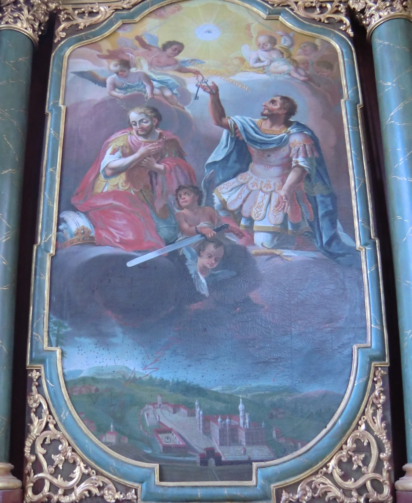 Die Wetterheiligen Paulus und Johannes, Altarbild, nach 1720, zur Erfüllung eines Gelübdes nach Verschonung des Klosters von einer Hagelkatastrophe entstanden, in der Kirche des ehemaligen Frauenklosters in Rot an der Rot bei Biberach