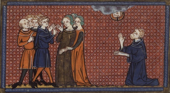 Richard de Montbaston und Mitarbeiter: Pelagia und Gespielinnen mit dem betenden Nonnus, aus „Vies de saints”, 14. Jahrhundert, in der Bibliothèque Nationale de France in Paris