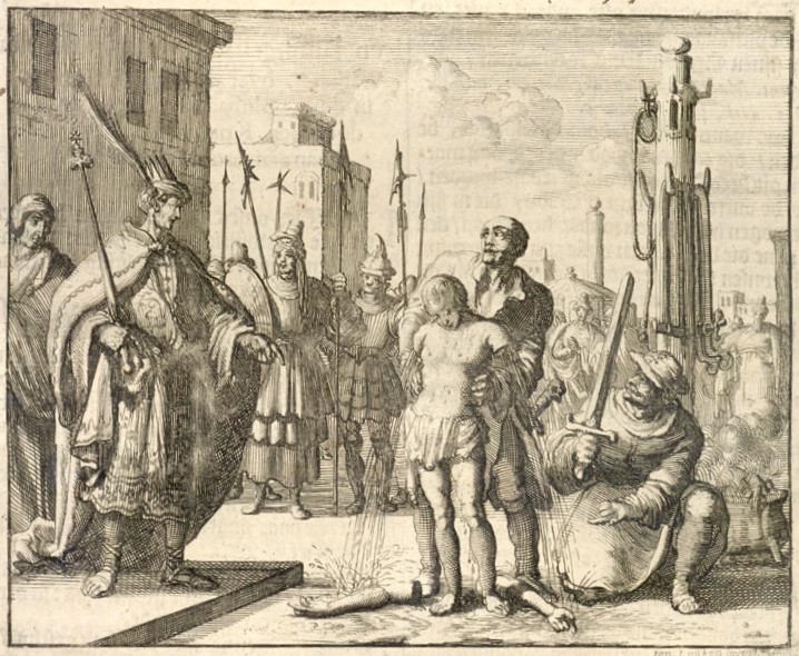 Pelagius' Martyrium, Kupferstich, in: Martelaers Spiegel (Märtyrer- Spiegel), Amsterdam 1665