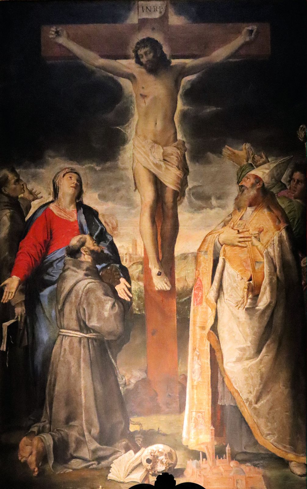 Annibale Carracci: Kreuzigung Jesu mit Maria, Franziskus von Assisi und Petronius, 1583, in der Kirche Santa Maria della Carità in Bologna