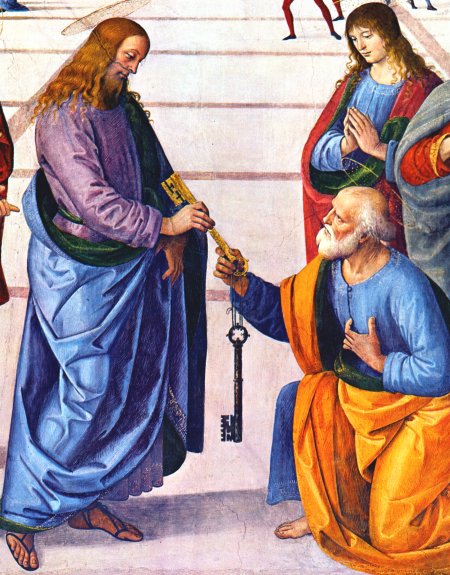 Fresko von Pietro Perugino (1445 ? - 1523): Christus übergibt Petrus die Schlüssel,  in der Sixtinischen Kapelle in Rom