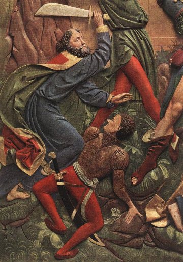 Veit Stoß: Holzrelief mit Petrus (oben) und Malchus, 1477 - 89, Hochaltar in der Marienkirche in Krakau