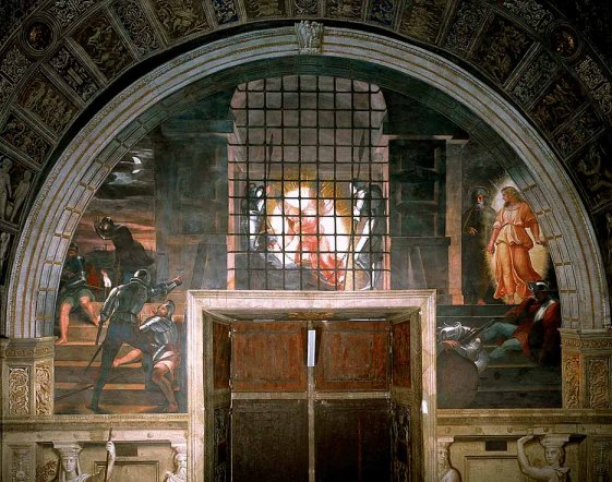 Raffael: Die Befreiung aus dem Gefängnis, 1514, Fresko in den Stanza d'Eliodoro in den Vatikanischen Museen