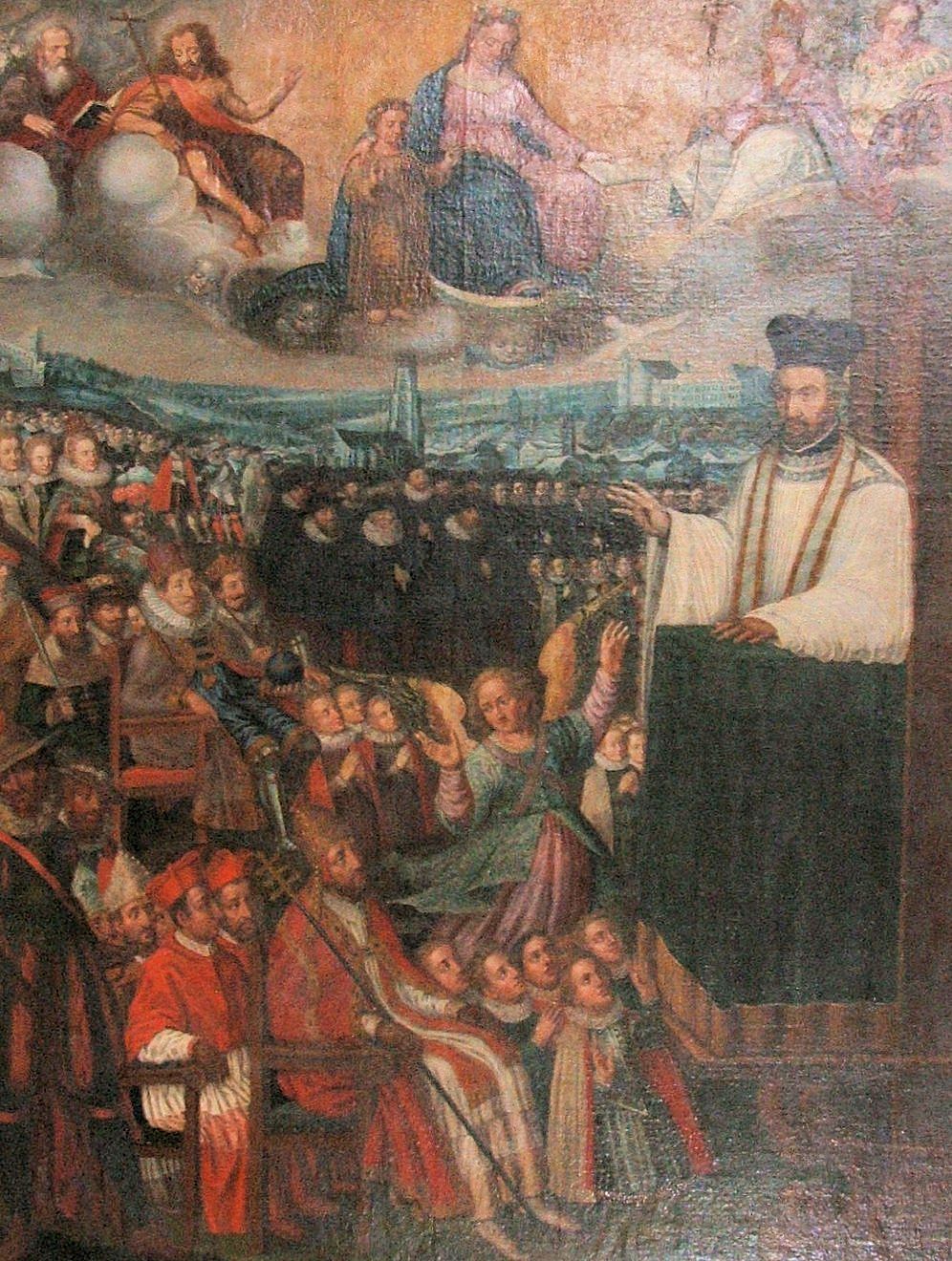 Gemälde in der Kollegiatskirche in Fribourg in der Schweiz: Petrus lehrt in Fribourg, u. a. den Papst