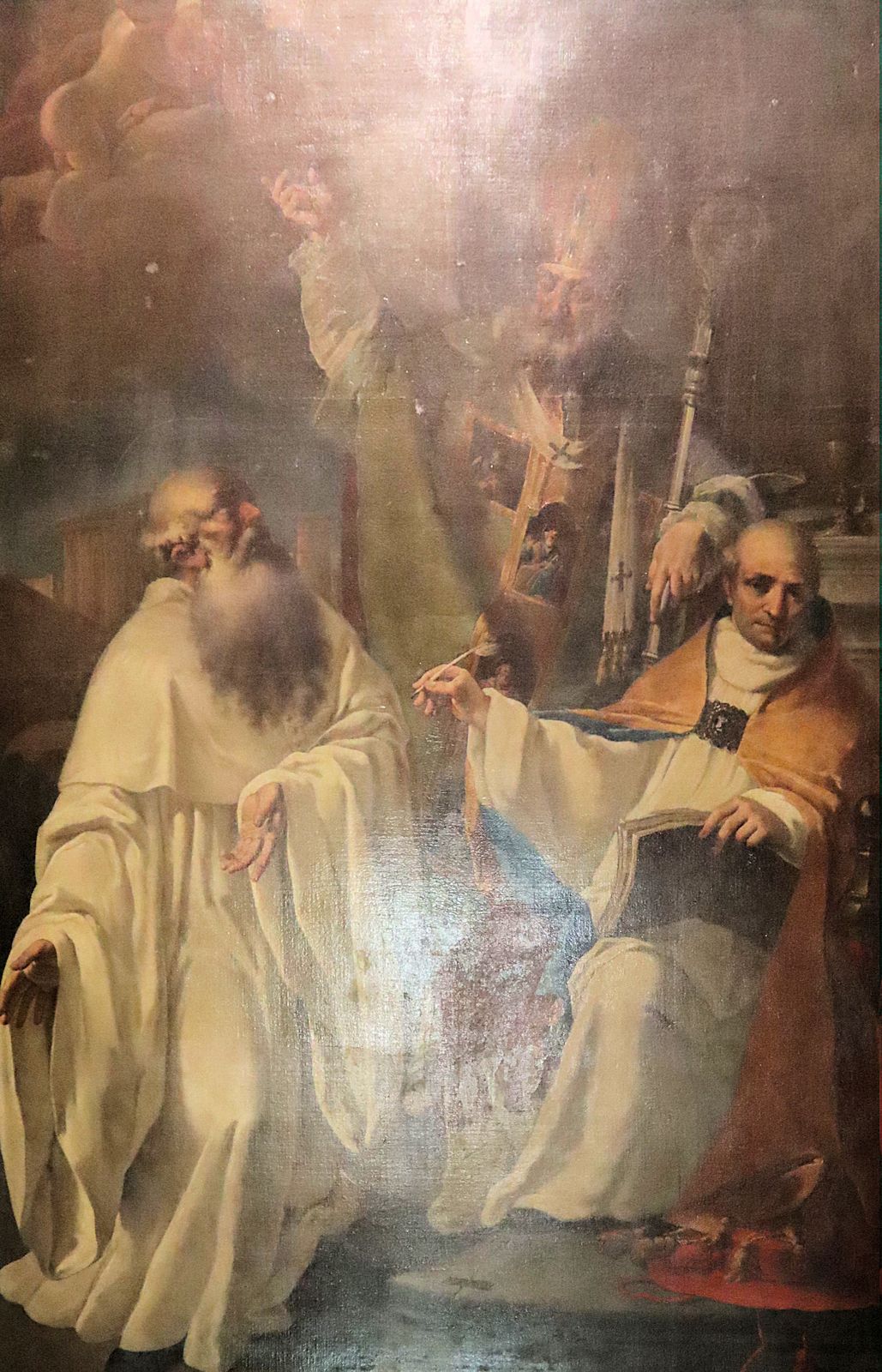 Giuseppe Milano (1716 [?] - 1798): Metropolit Petrus Chrysologus (hinten), Romuald von Camaldoli</a> (links) und Petrus Damiani (rechts) disputieren, Altarbild in der Kathedrale in Ravenna