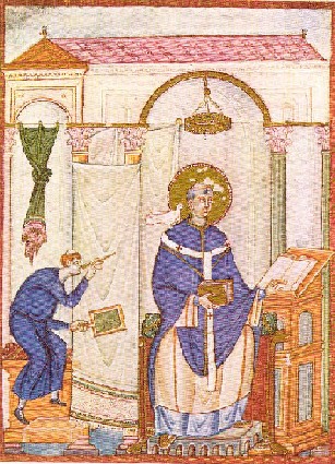 Buchmalerei aus dem „Registrum Gregorii” des Erzbischofs Egbert von Trier: der Diakon Petrus beobachtet und belauscht Papst Gregor, um 983