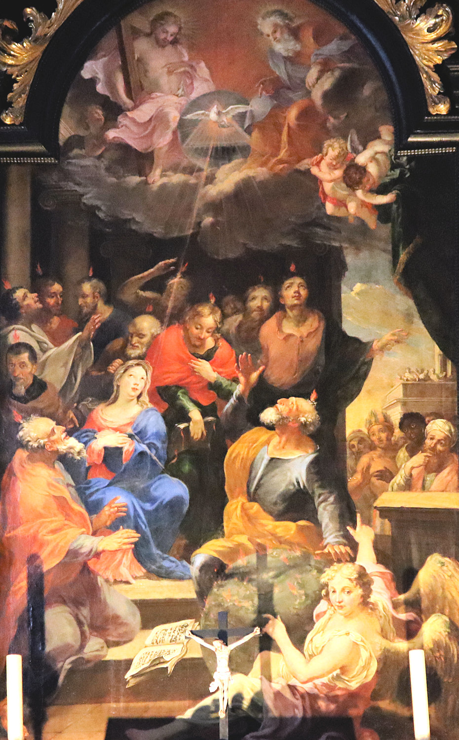 Meinrad Guggenbichler: Der Heilige Geist kommt auf Maria und die Apostel herab, Altarbild, um 1680, in der Kirche des ehemaligen Klosters Mondsee in Oberösterreich