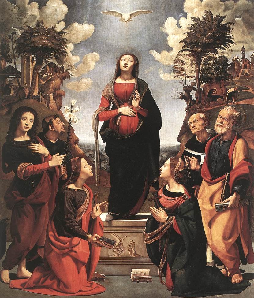 Piero di Cosimo: Maria (Mitte) mit (von links:) Johannes, Philippus Benitius, Katharina von Siena, Margaretha, Antoninus von Florenz und Petrus, um 1505, in der Galleria degli Uffizi in Florenz