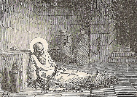 Kupferstich: Photinus im Gefängnis. Aus: Lives of the Saints, Benziger Brothers, 1887