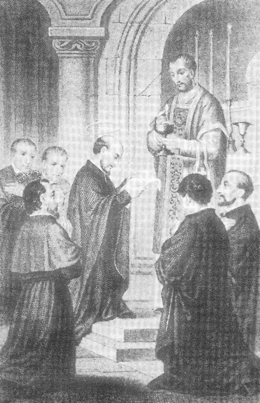 Petrus Faber und die Gruppe der weiteren sechs Jesuiten bei der Messe mit der Ablegung der Gelübde