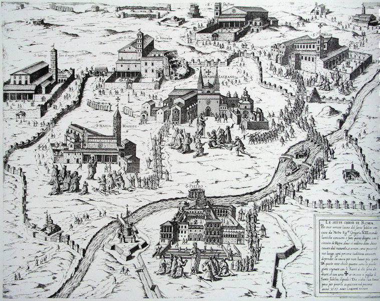 Die sieben Pilgerkirchen in Rom (Blick aus Nordwest), aus: Antoine Lafréry: Speculum romanae magnificentiae, 1575