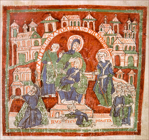 Klostergründer Pirmin (rechts), Maria mit dem Jesuskind (Mitte) und Abt Witigowo (links), darunter die personifizierte Reichenau ('augia'). Buchmalerei aus den 'Gesta Witigowonis' des Purchard von Reichenau, Ende des 10. Jahrhunderts, in der Badischen Landesbibliothek in Karlsruhe