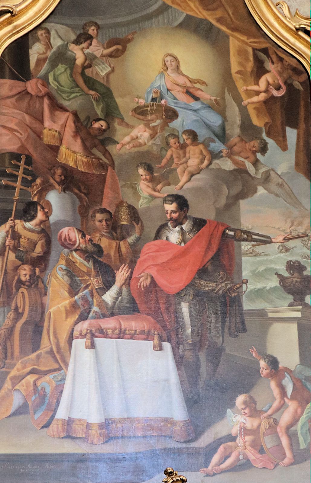Balthasar Augustin Albrecht: Der spanische Edelmann Juan de Austria  verkündet Pius V. den glorreichen Sieg in der Seeschlacht von Lepanto, 1764, in der Klosterkirche in Schäftlarn
