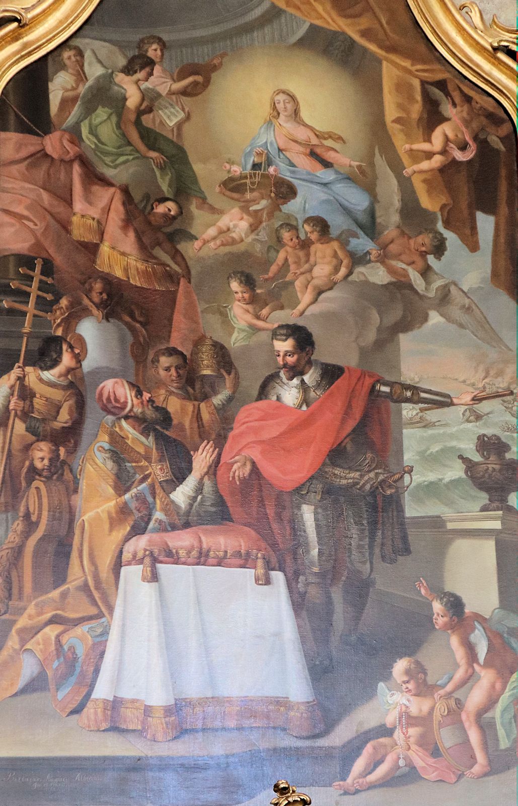 Balthasar Augustin Albrecht: Der spanische Edelmann Juan de Austria verkündet Pius V. den glorreichen Sieg in der Seeschlacht von Lepanto, 1764, in der Klosterkirche in Schäftlarn