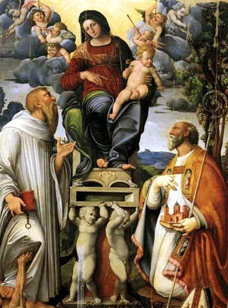 Giovanni Soncini: Prosper (rechts) mit Maria< und dem Jesuskind sowie Bernhard von Clairvaux (links), 16. Jahrhundert