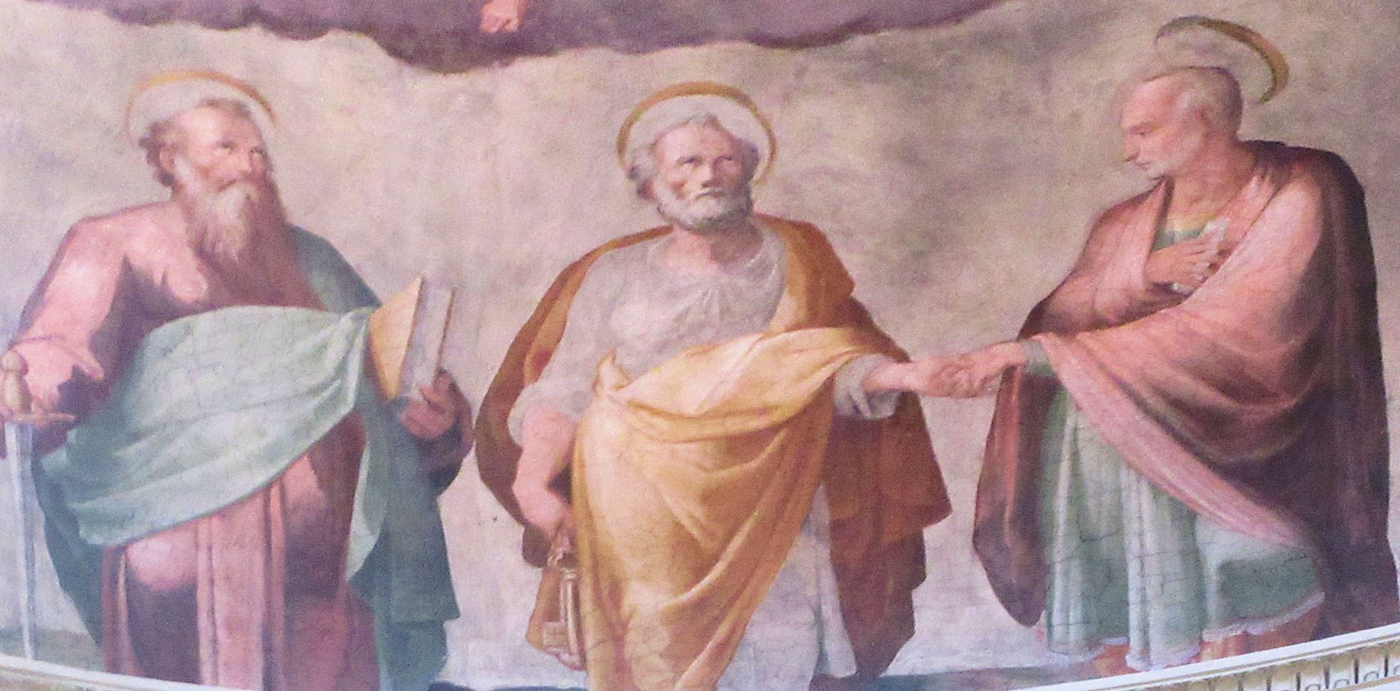 Niccolò Circignani: Paulus (links), Petrus (Mitte) und Pudens, Fresko, um 1885, in der Kirche Santa Pudenziana in Rom