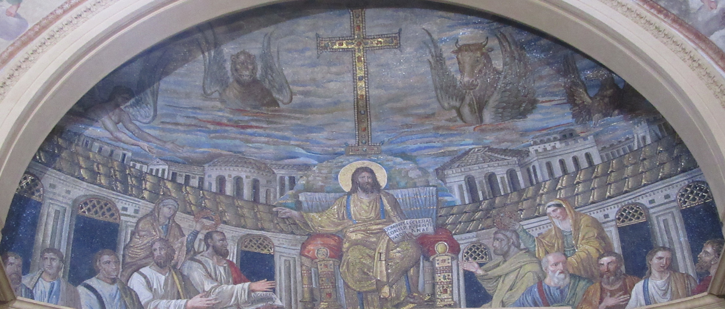 Apsismosaik: Jesus mit den Aposteln (1589 beschnitten durch Renovierungsarbeiten) und Praxedis von Rom (links) sowie Pudentiana, um 390, in der Kirche Santa Pudenziana in Rom