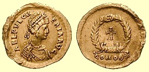 Münze aus Konstantinopel mit Bild der Kaiserin, um 420 - 450