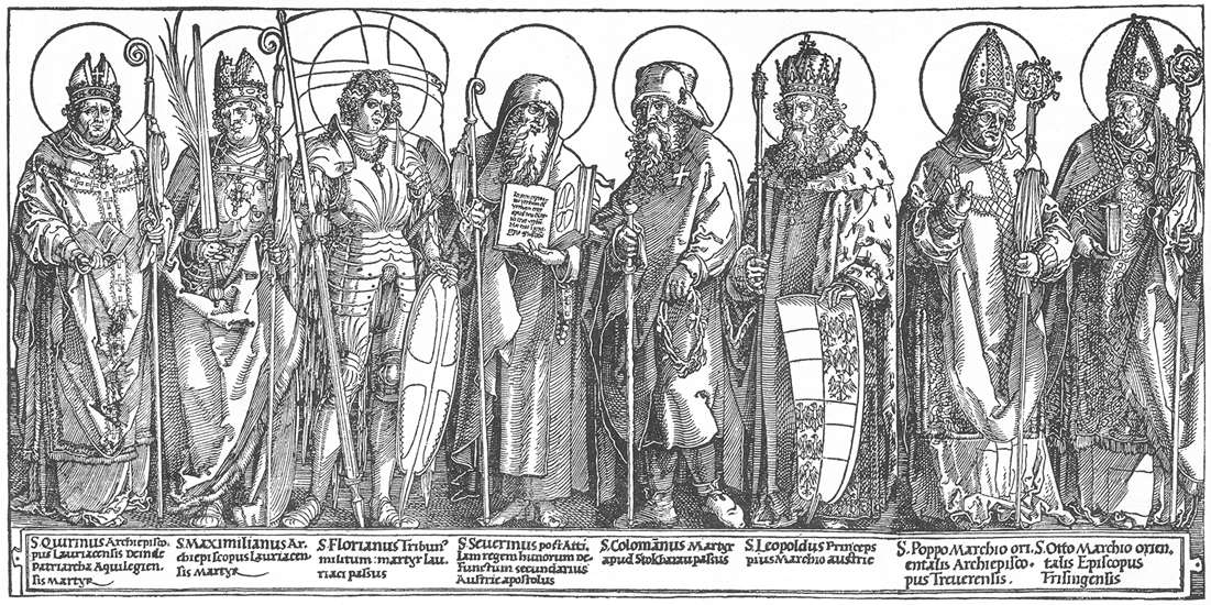 Albrecht Dürer: Die österreichischen Heiligen (von links): Quirinus, Maximilian, Florian, Severin, Koloman, Leopold III., Poppo von Trier und Otto von Freising, Holzschnitt, 1515 - 17, im British Museum in London