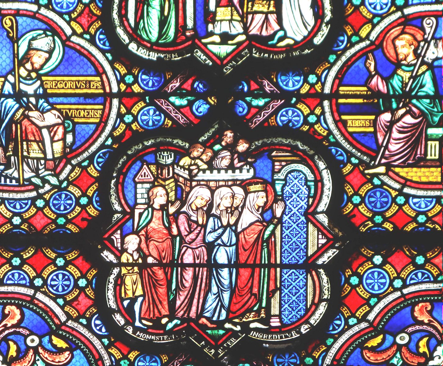 Glasfenster: Radegund wird von Bischof Medardus von Noyon zur Nonne geweiht, in der Kirche Sainte-Radegonde in Poitiers
