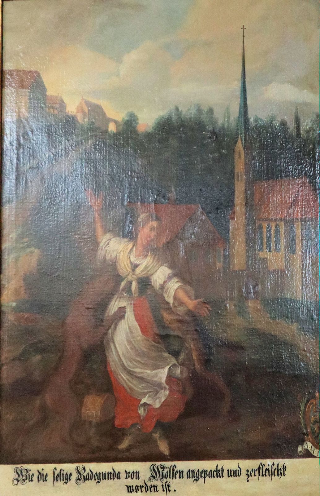 „Wie die selige Radegunda von Wölfen angepackt und zerfleischt worden ist”, Gemälde in der Kirche St. Radegund in Waldberg