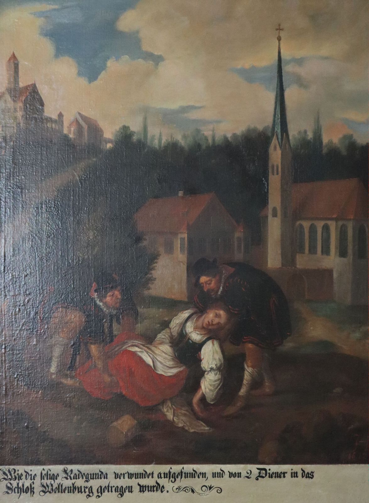 „Wie die selige Radegunda verwunden aufgefunden und von 2 Dienern in das Schloß Wellenburg getragen wurde„, Gemälde in der Kirche St. Radegund in Waldberg