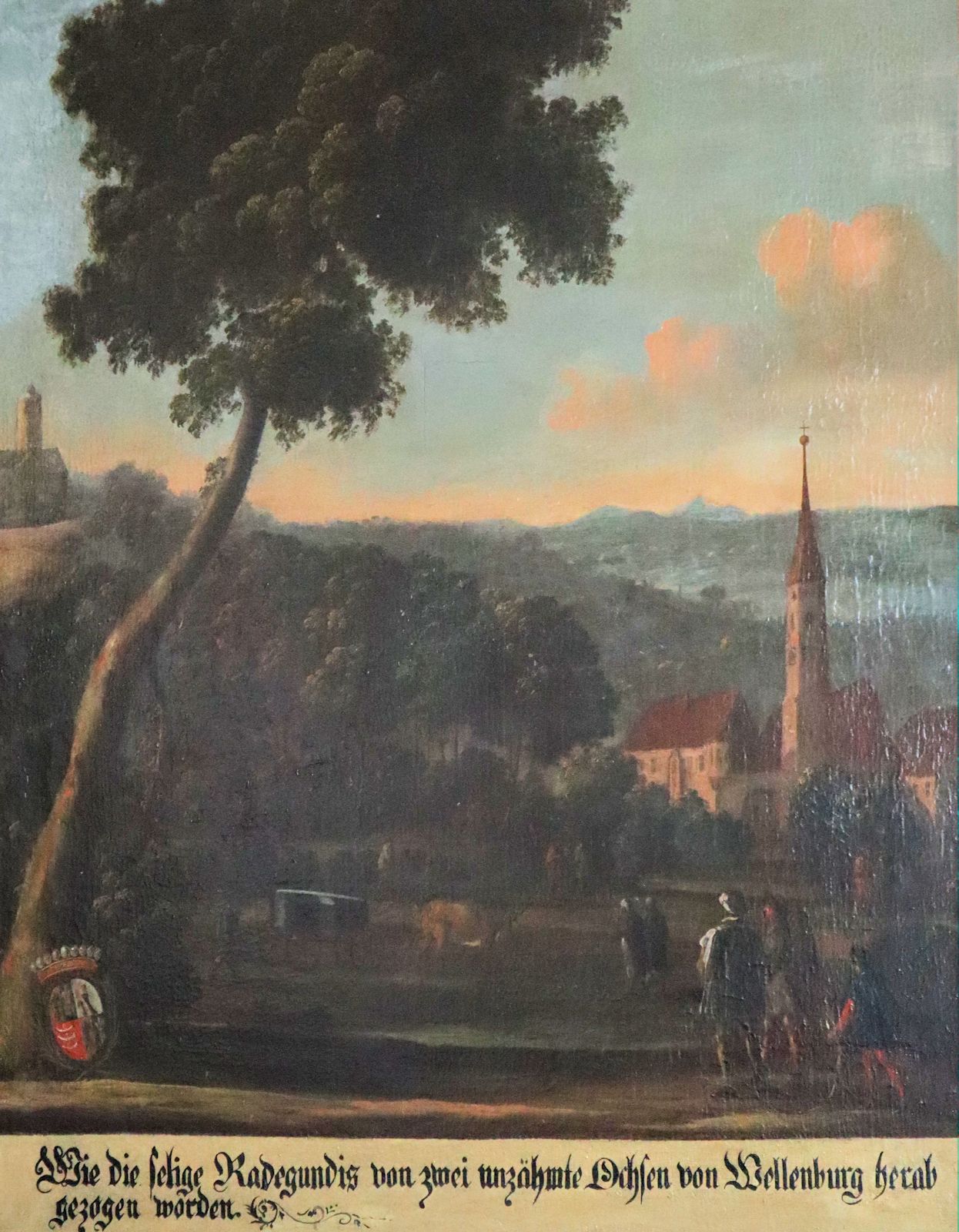 „Wie die selige Radegundis durch zwei unzähmte Ochsen von Wellenburg herab gezogen worden”, Gemälde in der Kirche St. Radegund in Waldberg