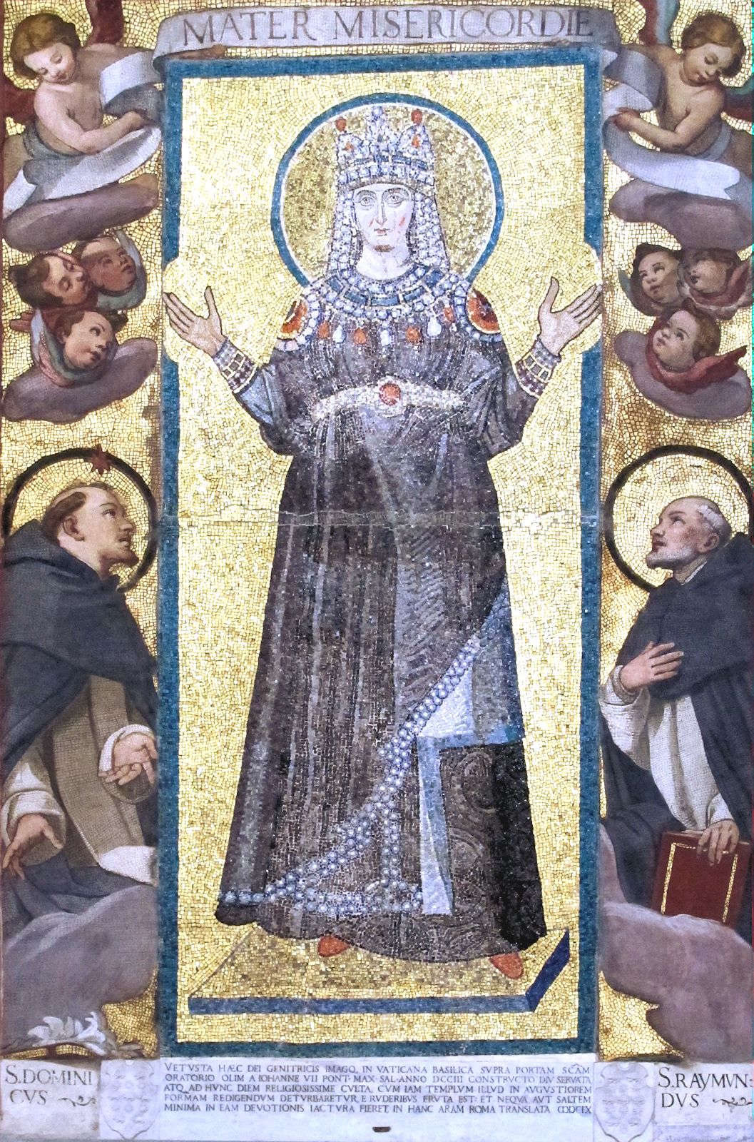 Fabrizio Boschi: Dominikus (links) und Raimund (rechts) vor Maria, Mosaik, um 1595, in der Kirche San Marco in Florenz