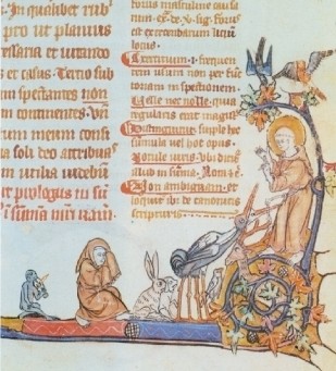 Buchmalerei: Raimundus (links) hört Franziskus von Assisi zu, der den Tieren predigt. Aus Raimundus' „Summa der Gewissensfragen”, Maasgebiet, Anfang des 14. Jahrhunderts, in der Universitätsbibliothek in Lüttich