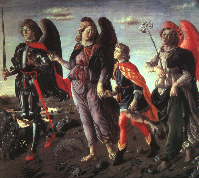 Francesco Botticini: Die drei Erzengel - Raphael mit Tobias, Michael (links) und Gabriel (rechts), 1470, in der Galleria degli Uffizi in Florenz