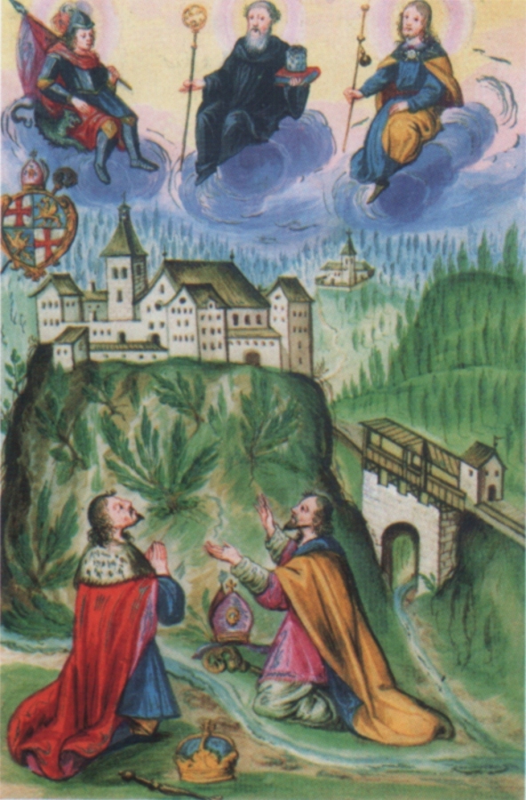 Georgenberger Pergamentkodex: Kaiser Heinrich IV. und Bischof Reginbert von Brixen am Georgenberg, überwölkt von Georg (links), Benedikt (Mitte) und Jakobus dem Älteren (rechts), nach 1689, im Stiftsmuseum des Klosters in Fiecht