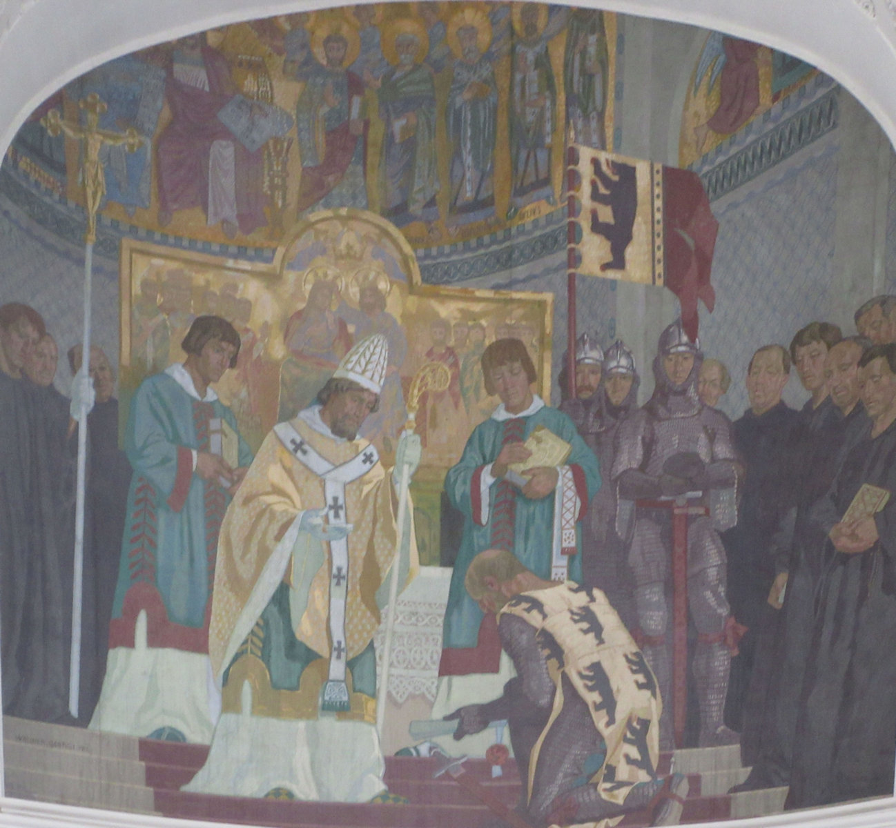 Walter Georgi: Reginbert überreicht dem Bischof von Konstanz die Gründungsurkunde des
Klosters St. Blasien, Chorbogenbild, 1913, im Dom in St. Blasien