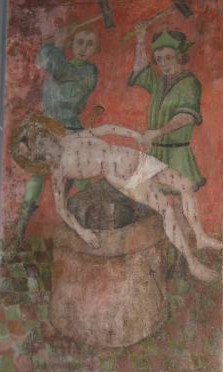 Fresko: Reinholds Martyrium, 15. Jahrhundert (?), in der Lambertuskirche in Düsseldorf