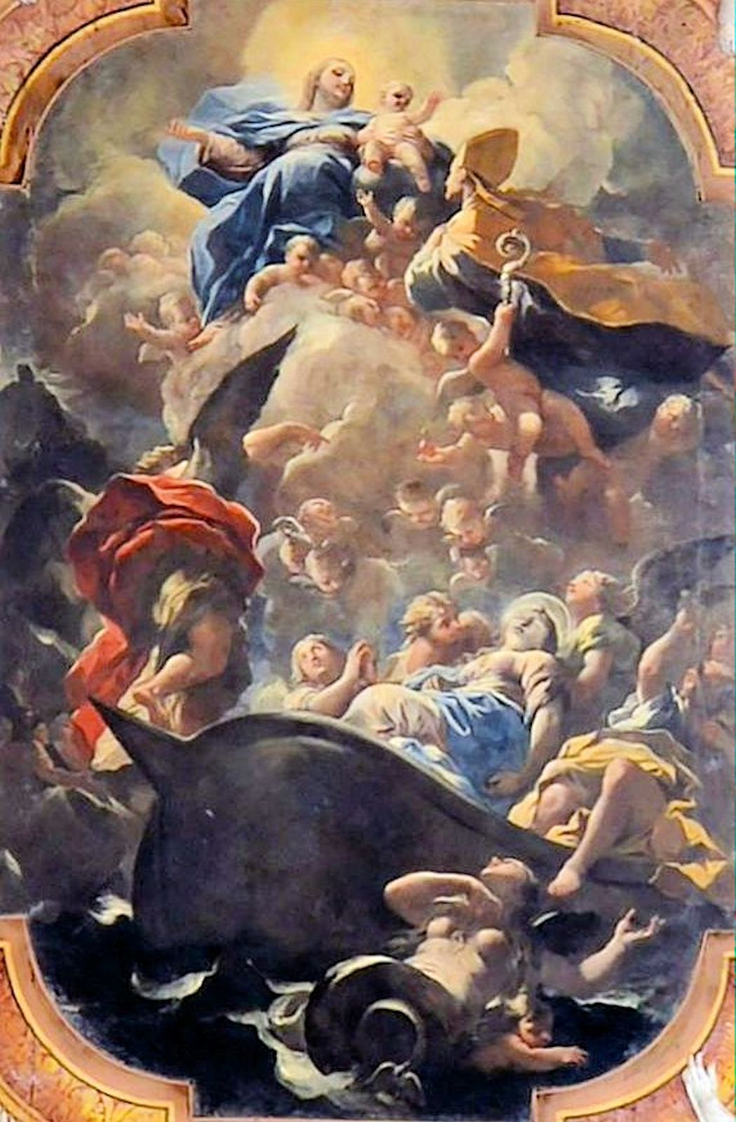 Giuseppe Simonelli: Restituta wird in der Bucht San Montano auf Ischia geborgen, Deckenfresko, 1692 restauriert durch Luca Giordano, in der Basilika Santa Restituta in Neapel