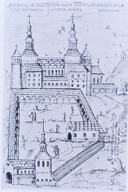 Abtei Saint-Riquier in Centula, Stich aus dem Jahr 1612, nach einer Miniatur aus dem Jahr 1299