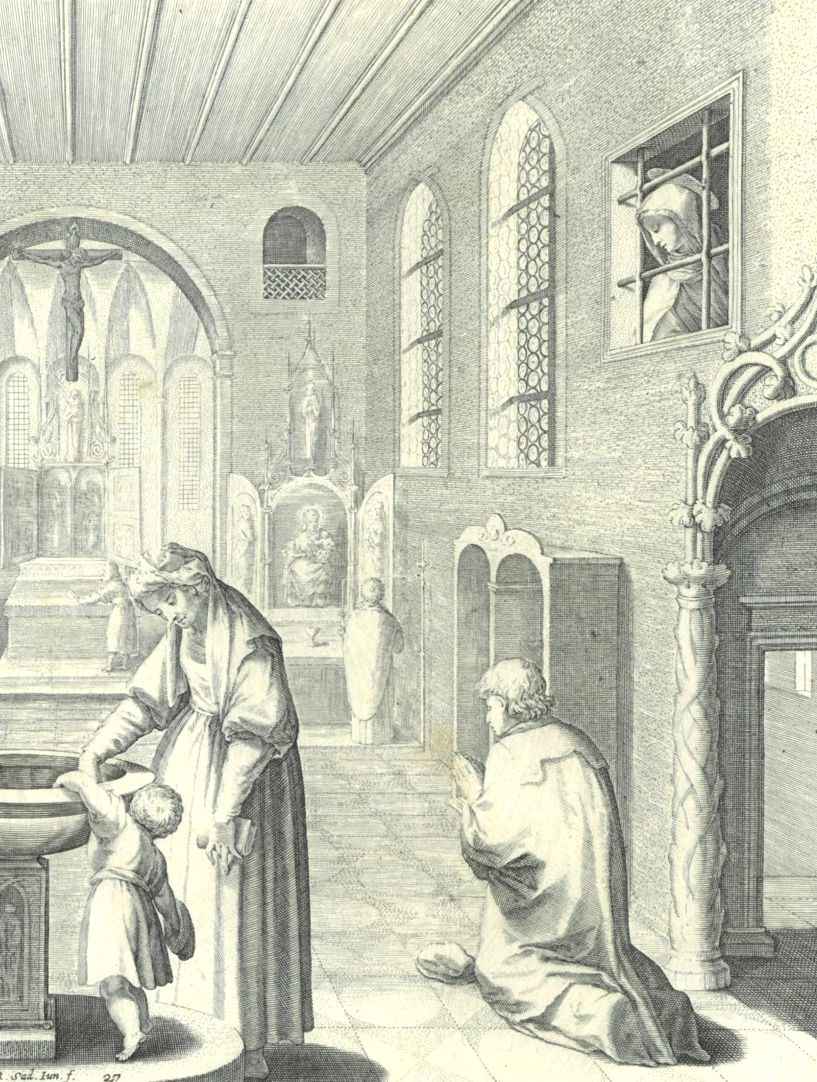 Egidius Sadeler: Kupferstich: Richildis blickt aus einem vergitterten Fenster in das Innere der Klosterkirche von Hohenwart, aus „Bavaria Sancta”, 1714