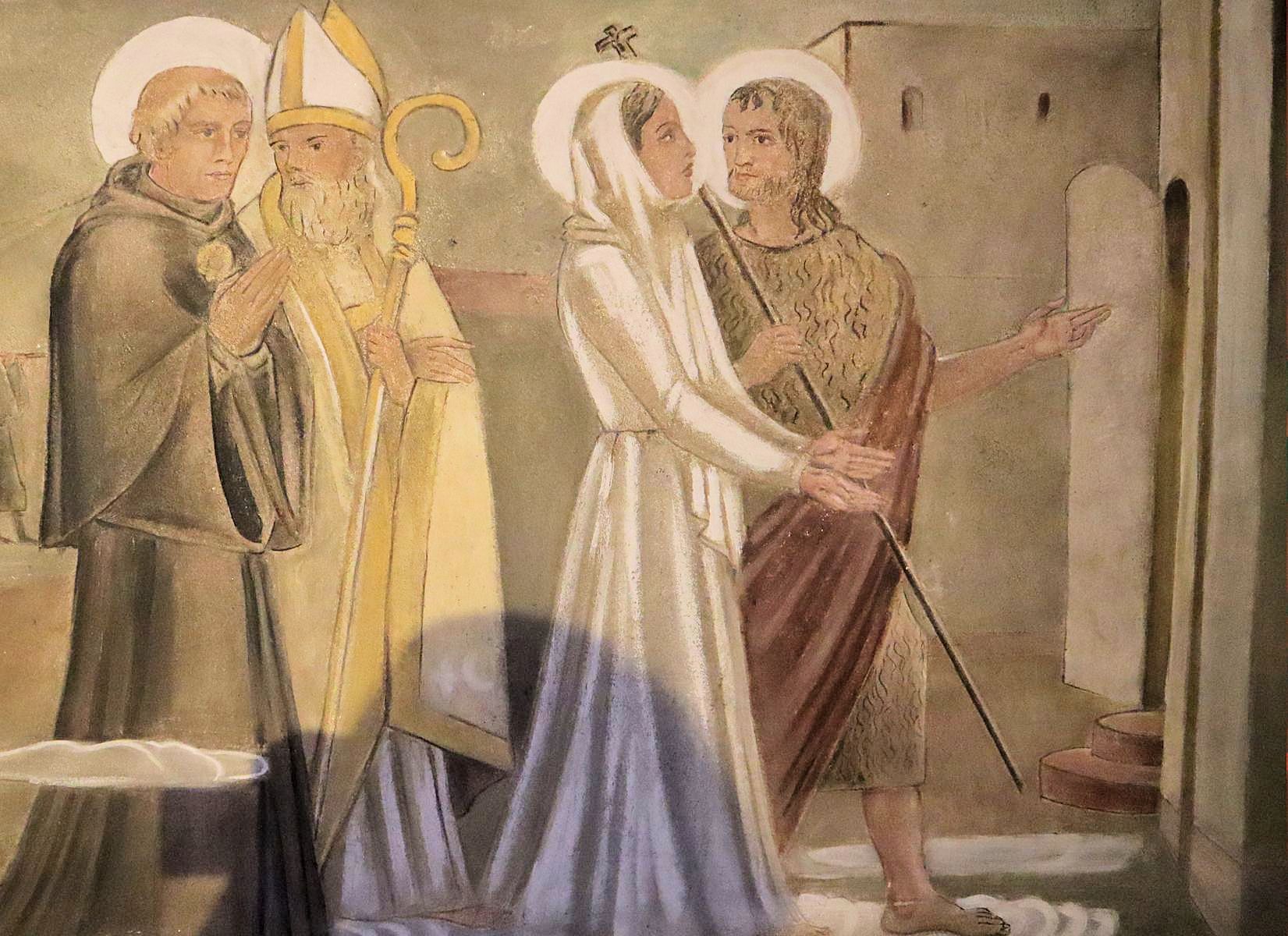 Rita wird von Nikolaus von Tolentino (links), Augustinus (halblinks) und Johannes dem Täufer (halbrechts) ins Kloster geführt, Fresko in der Augustinerkirche in Würzburg