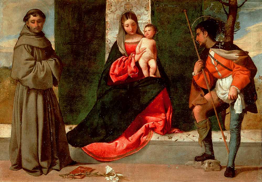Giorgone (1477 - 1510): Maria mit dem Jesuskind, Antonius von Padua (links) und Rochus (rechts), im Nationalmuseum del Prado in Madrid