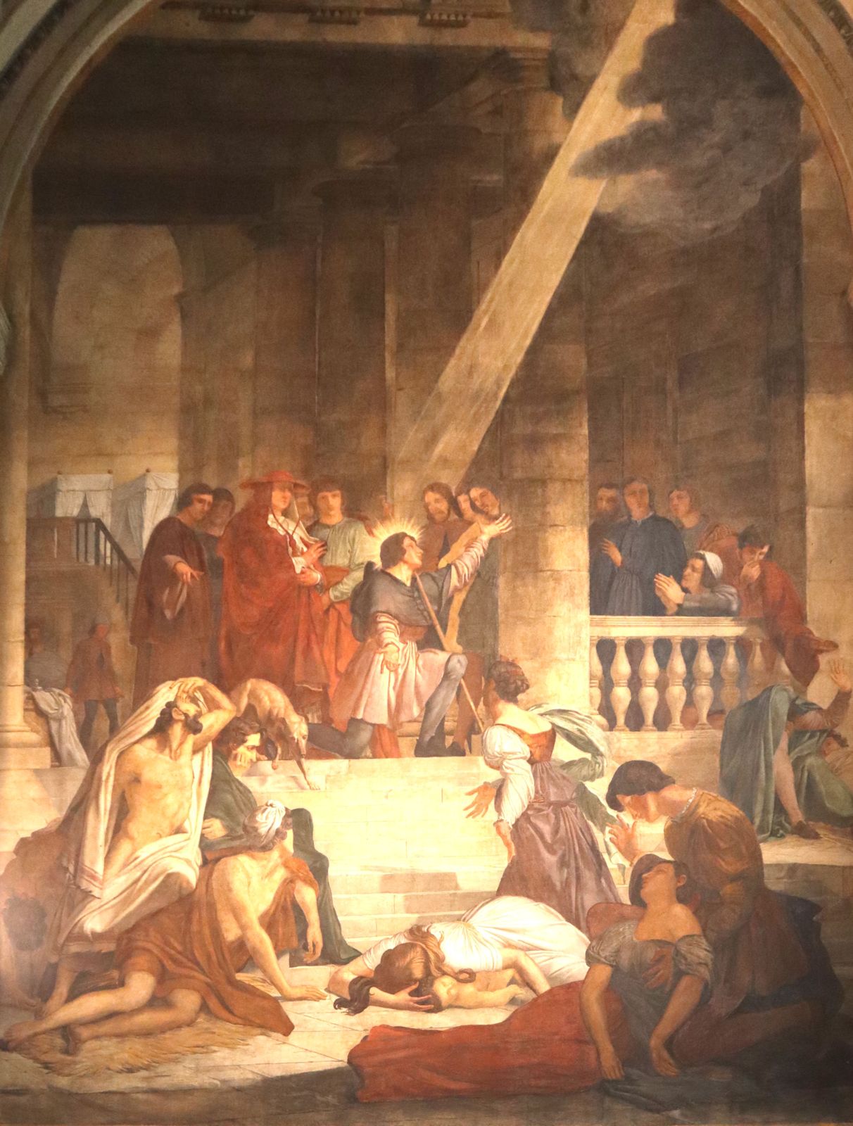 Abel de Pujol: Rochus (oben links in roter Kleidung) betet für die Befreiung der Pestkranken, Fresko, 1822, in der Kirche Saint-Sulpice in Paris
