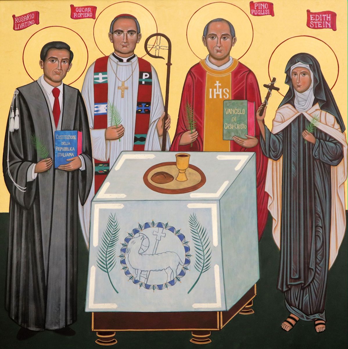 Rosario Livatino mit den Märtyrern Oscar Romero, Giuseppe „Pino” Puglisi und Edith Stein, Ikone im  Sanktuarium Santi Medici in Bitonto